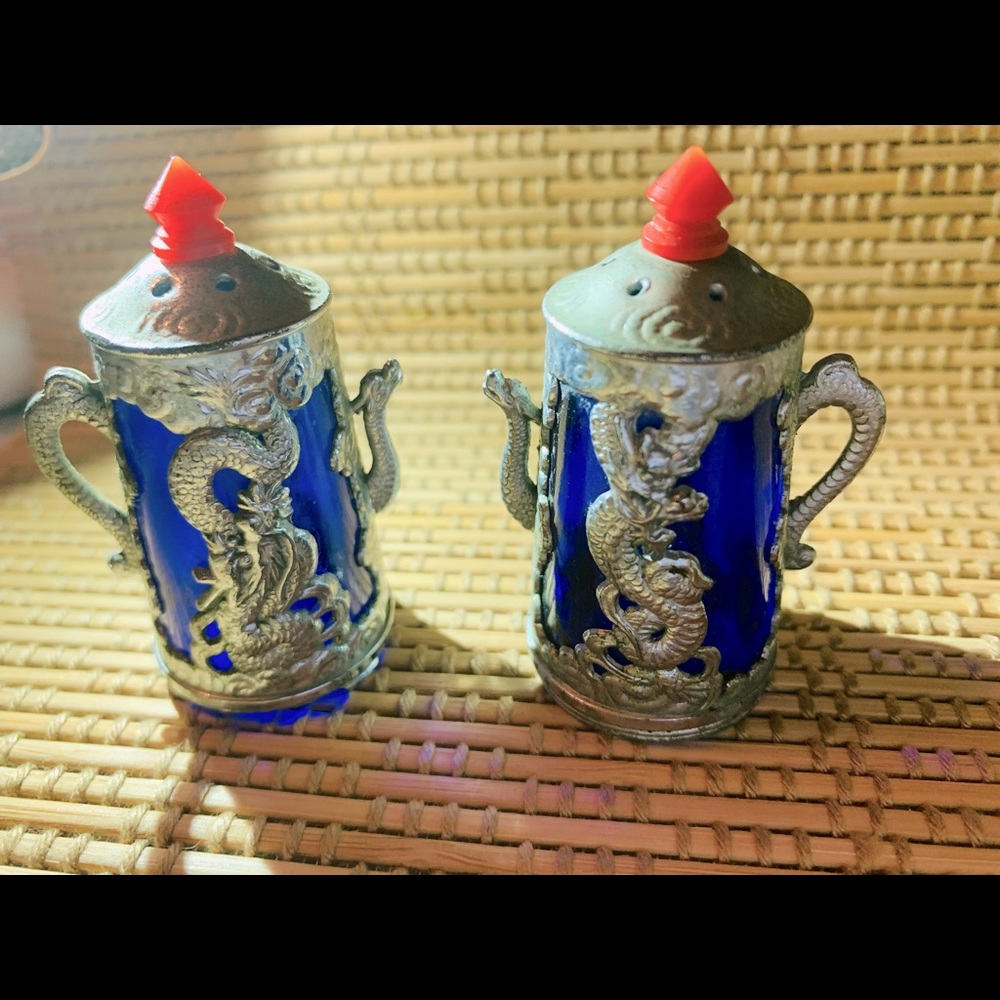 Vintage Cobalt Blue Glass Silver Dragon Shakers Occupied Japan